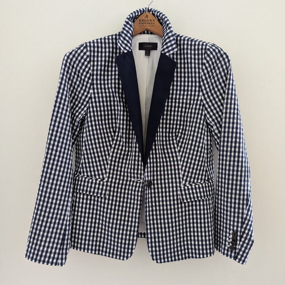 NEW J. CREW Puckered Gingham Blazer Jacket WOMEN'S 8 Navy White Cotton Preppy - Picture 3 of 16